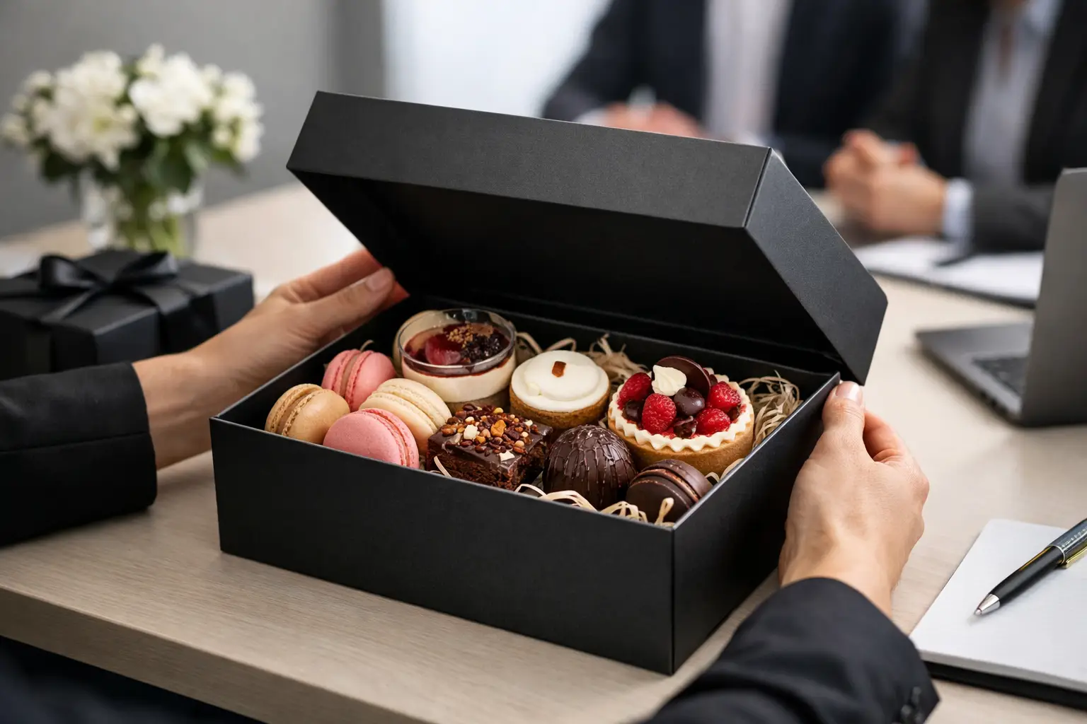 Open black gift box revealing assorted pastries and macarons on a desk; two suited people blurred in the background.